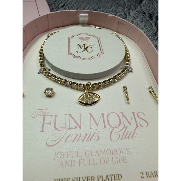 NIB The Fun Moms Tennis Club Evil Eye Bracelet 2 Earrings Set Silver Plated - Picture 5 of 9